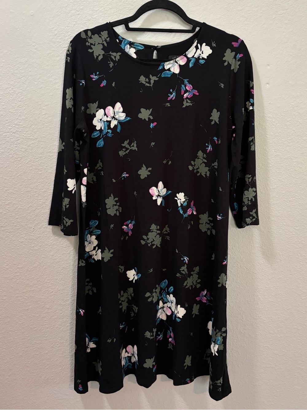 J. Jill Wearever Black Floral 3/4 Sleeve Swing Dress Size Medium